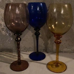 Set of three Large colored wine glasses